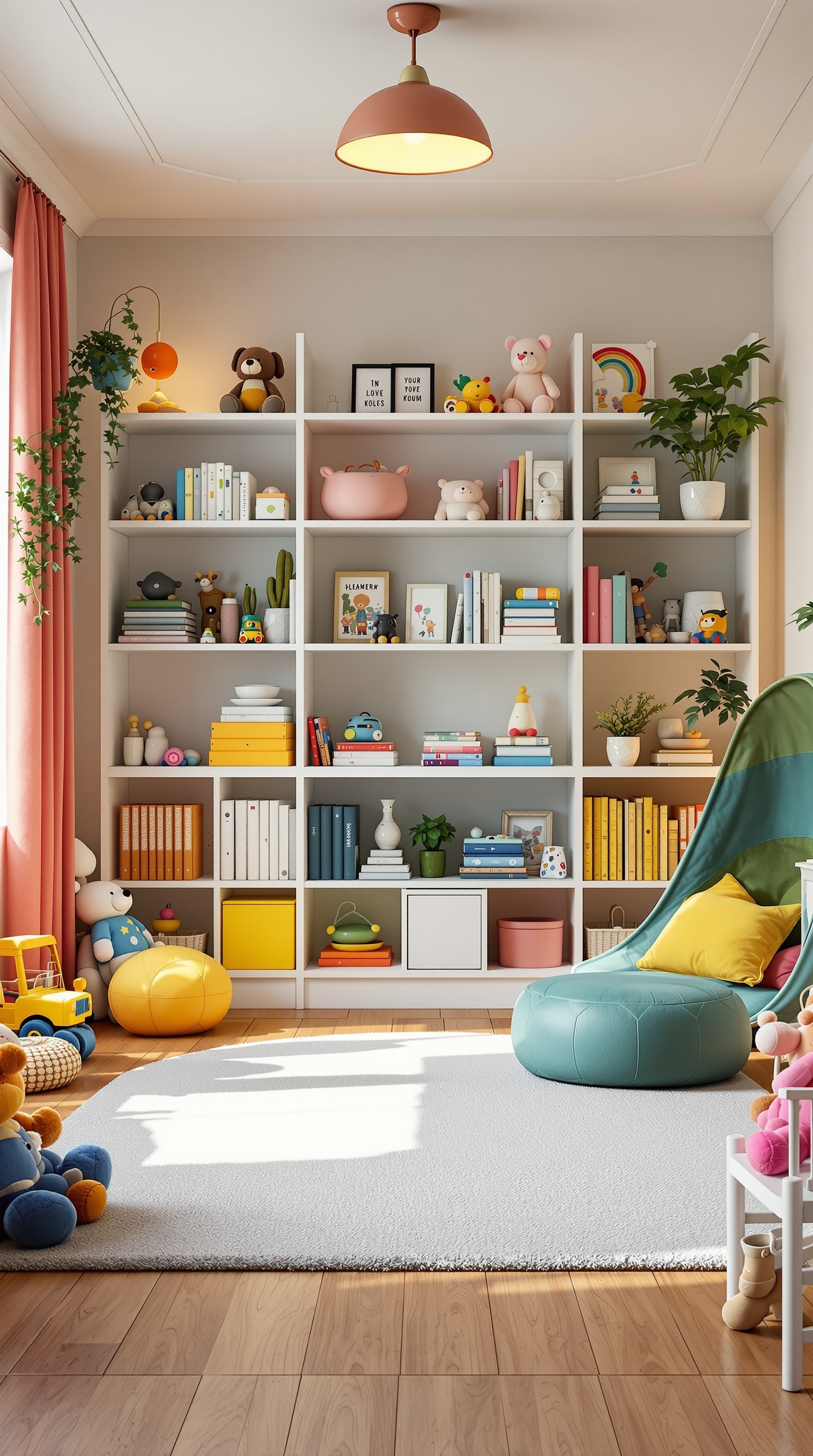 A colorful playroom with shelves filled with toys and books, a soft rug, and cozy seating.