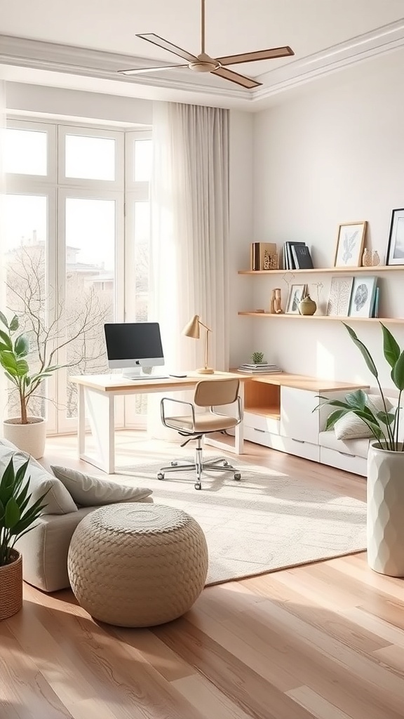 A bright and organized home office with a desk, chair, plants, and natural light.