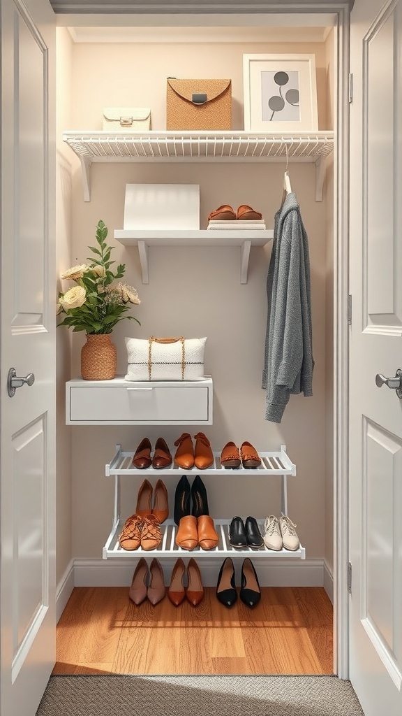 A small closet featuring a pull-out shoe rack with various pairs of shoes neatly organized, along with additional storage above.