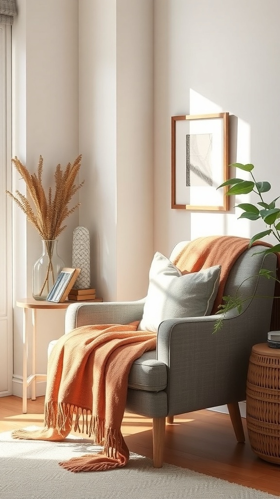 Cozy reading nook with a gray armchair, orange throw blanket, and a side table with books.