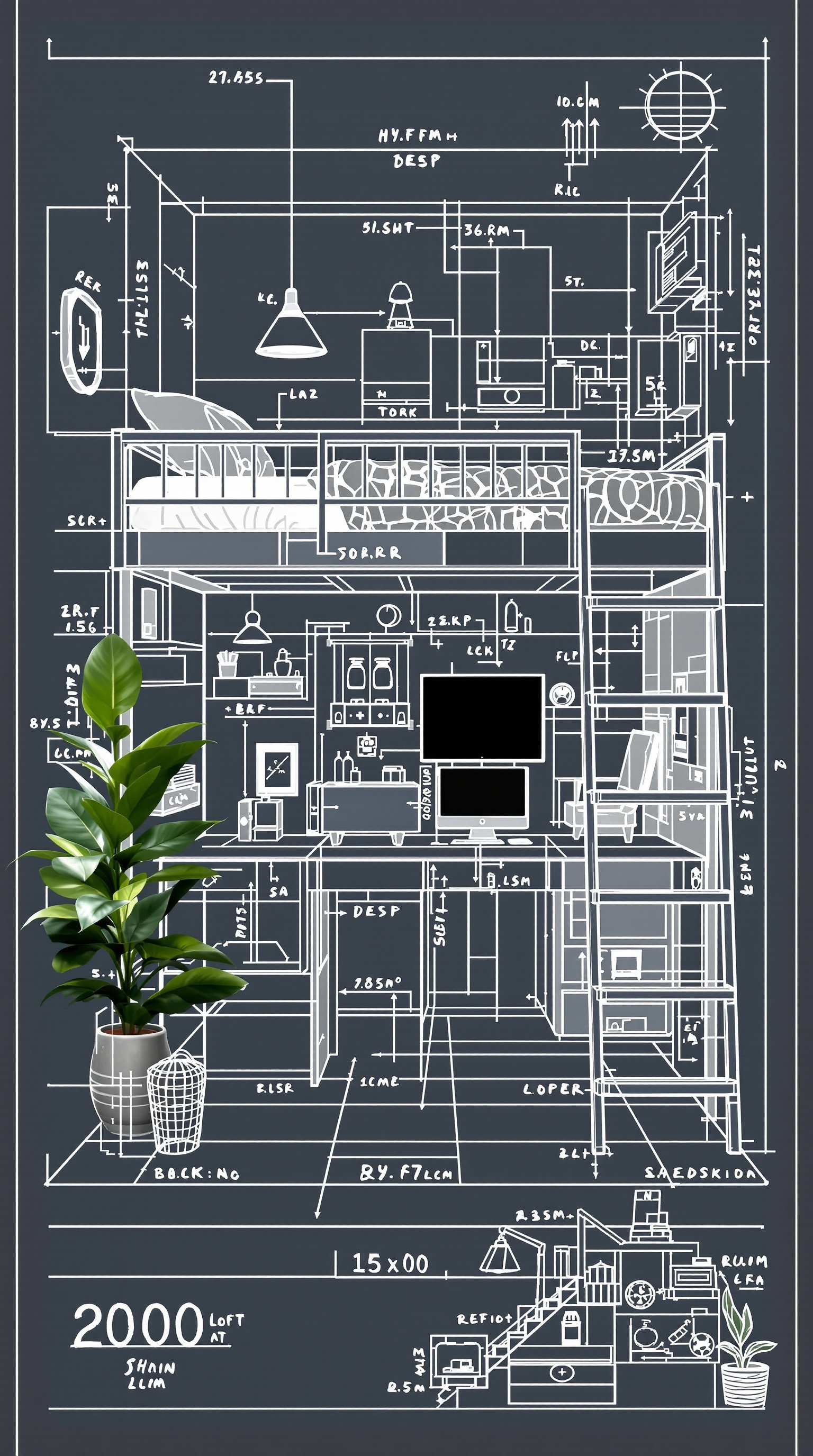Blueprint of a loft bed design with measurements and layout for kids' room.