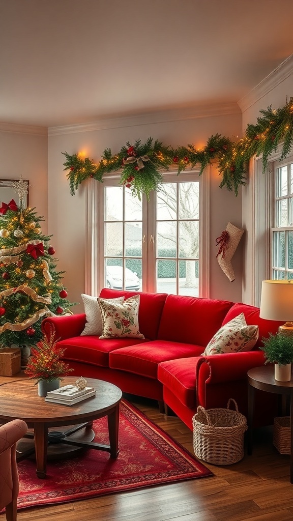 A cozy living room featuring a red sectional couch, a decorated Christmas tree, and festive garlands.