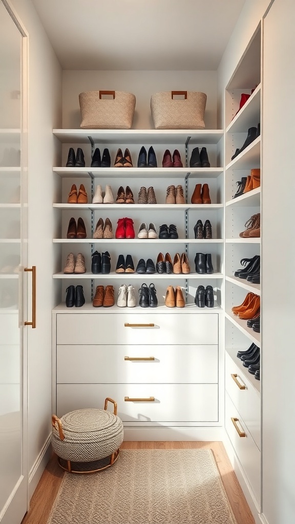 A well-organized shoe wall in a walk-in closet with various shoes neatly arranged on shelves and storage bins on top.