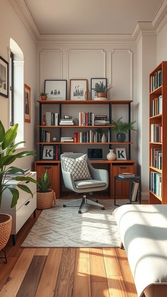 A cozy small library corner with a bookshelf, comfortable chair, and plants in a home office.