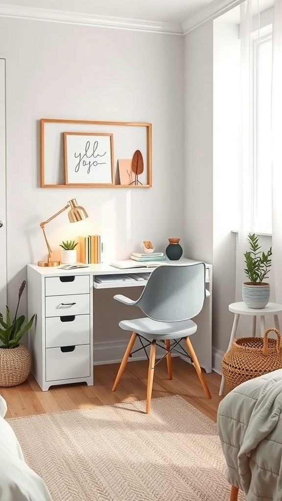 A small cozy workspace in a bedroom featuring a white desk, a chair, a lamp, and plants.