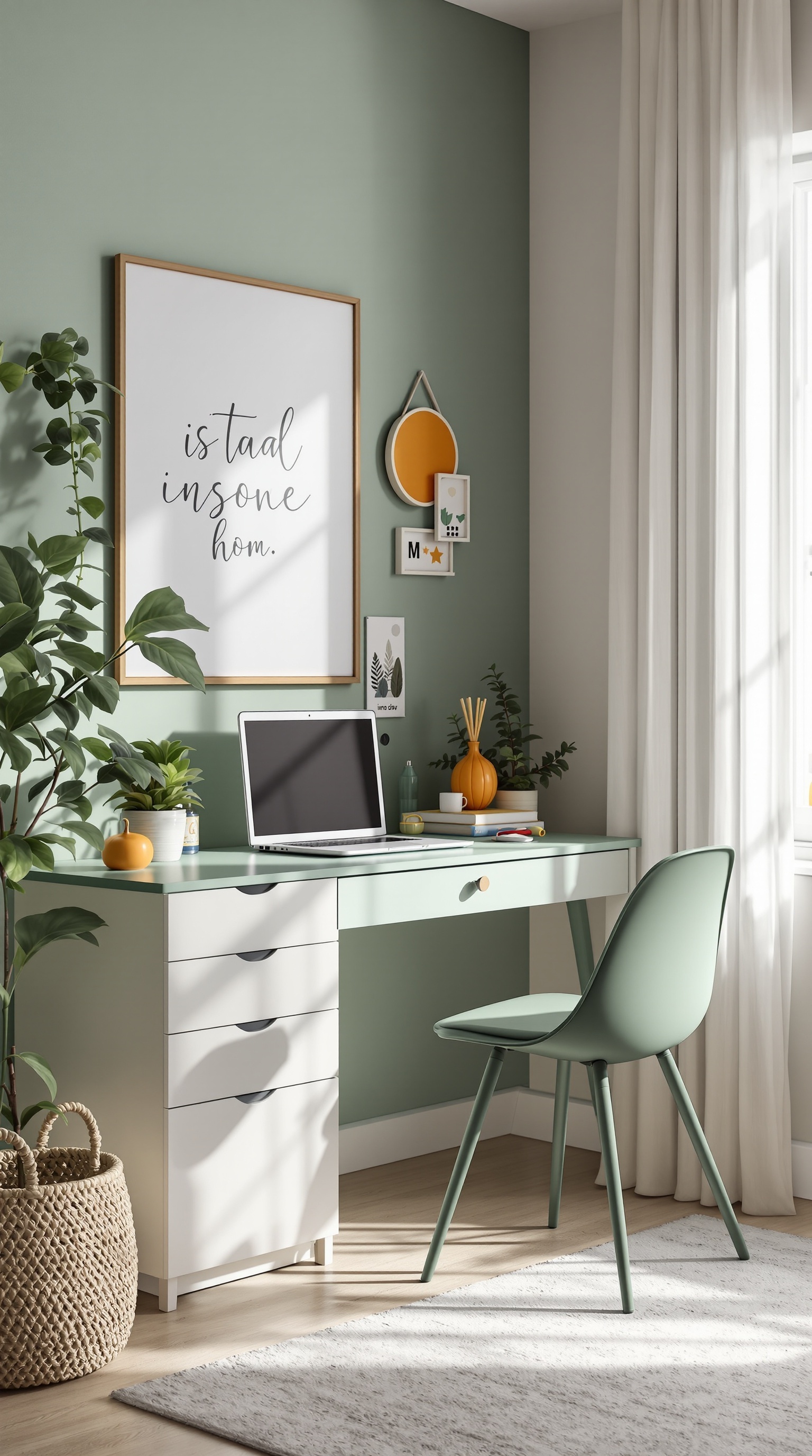 A stylish green kids' study corner with a modern desk, chair, and decorative elements.