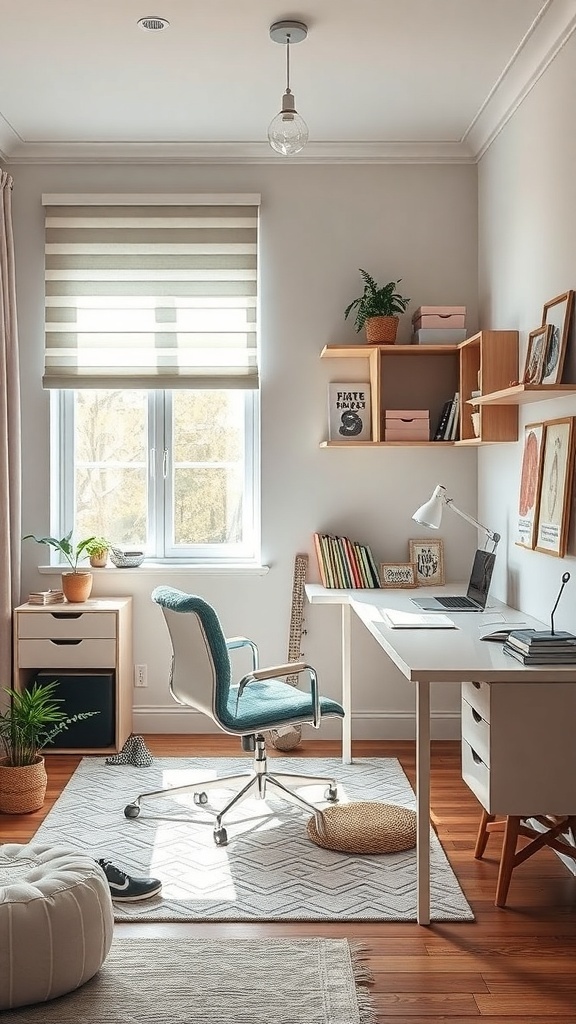 A well-designed study space in a teen's bedroom featuring a desk, chair, and natural light.