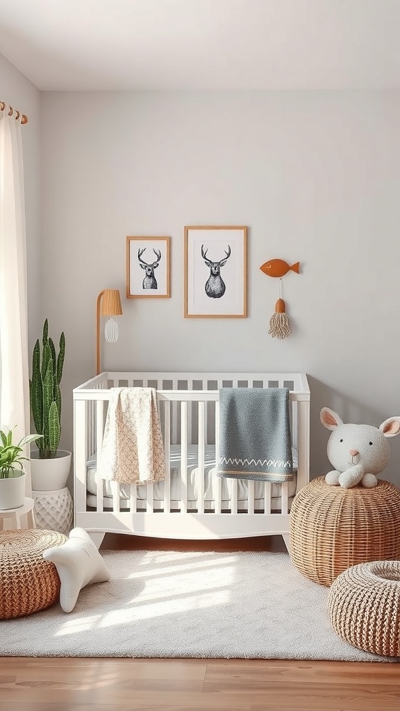 A cozy nursery featuring a crib, animal-themed artwork, a potted plant, and woven poufs.