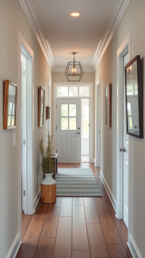 A narrow hallway with a light fixture, framed pictures on the walls, a striped rug, and a small plant.