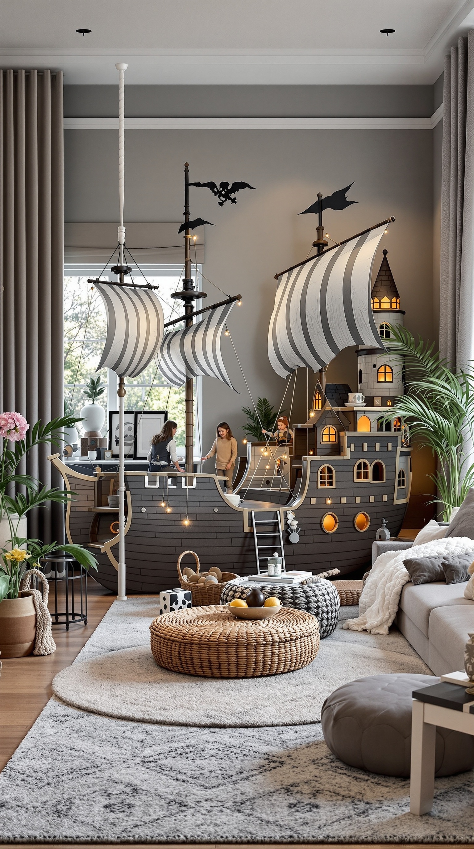 A family room with a pirate ship play area featuring sails, lights, and cozy decor.