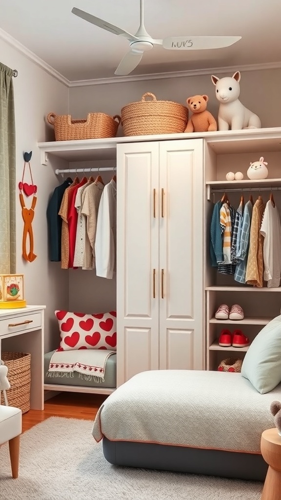 A well-organized kids wardrobe area featuring colorful clothes, stuffed animals, and a cozy seating area.