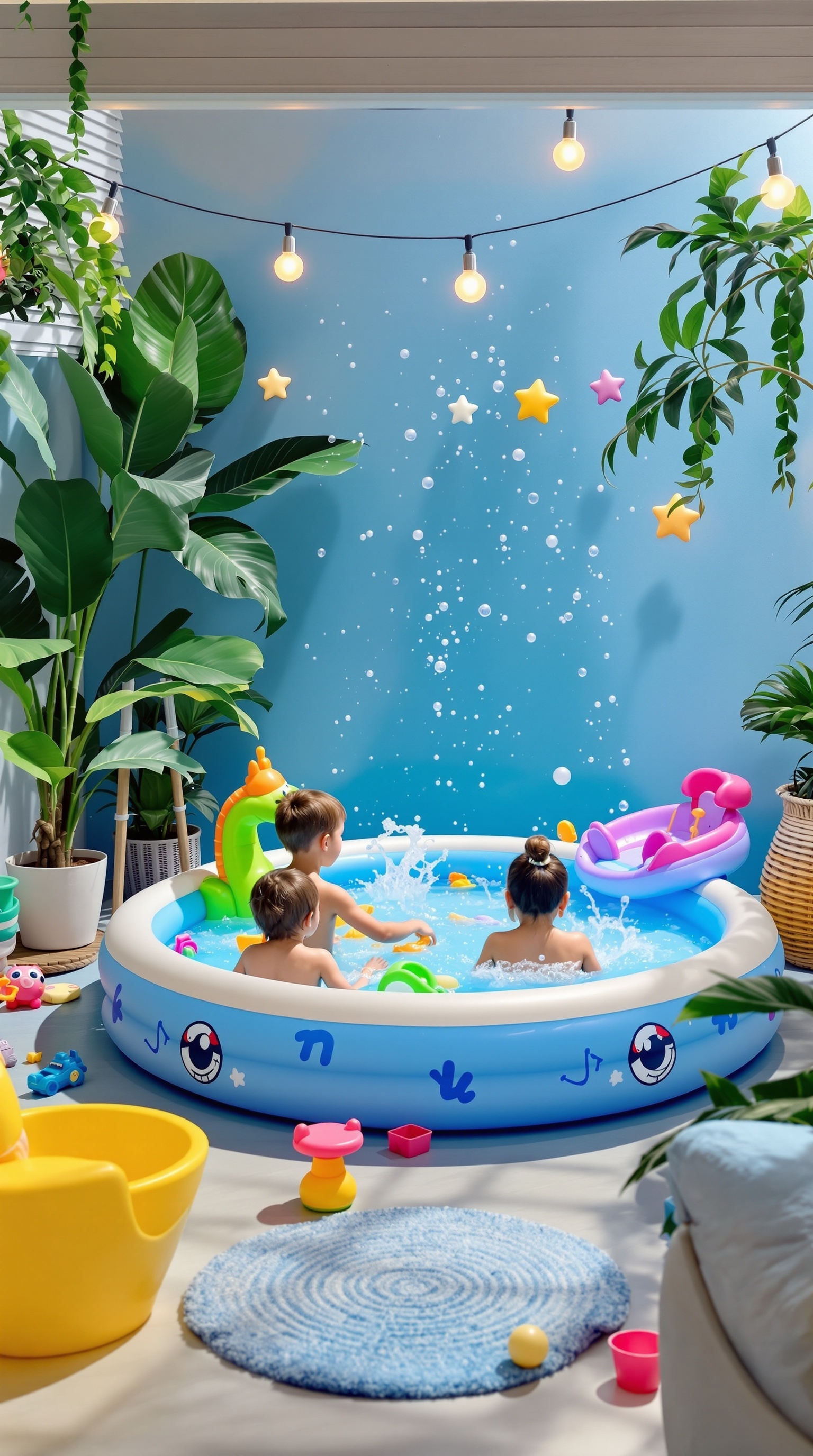 Children playing in an inflatable pool surrounded by plants and colorful decorations.