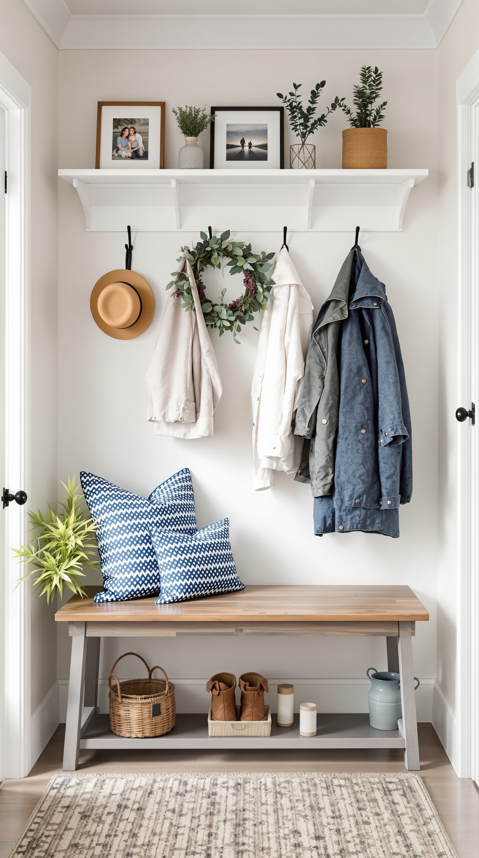A welcoming entryway featuring a bench, hooks for coats, decorative pillows, and plants.