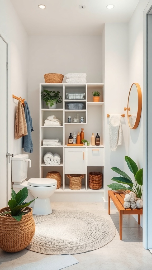 A well-organized bathroom closet featuring natural materials, plants, and neatly arranged toiletries.