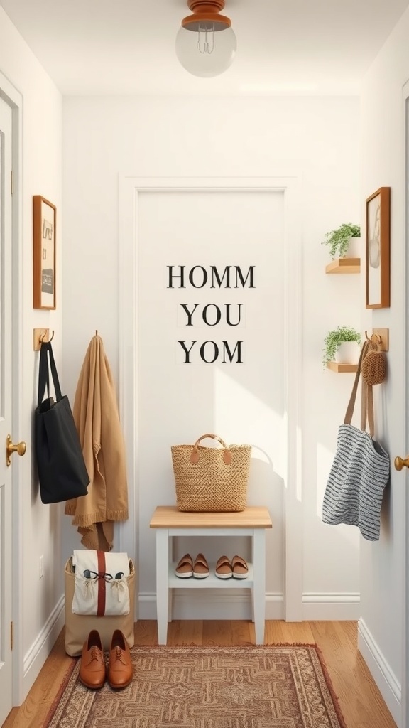 A bright and inviting dorm entryway with a bench, hooks for bags, and decorative elements.