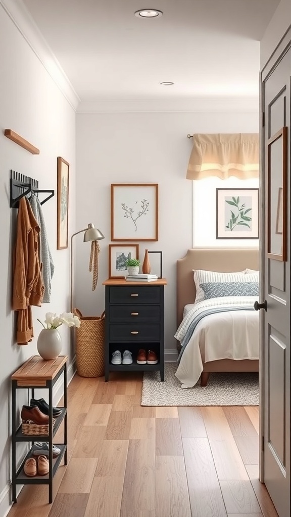 Cozy single bedroom entryway with a coat rack, small table, and neatly made bed.