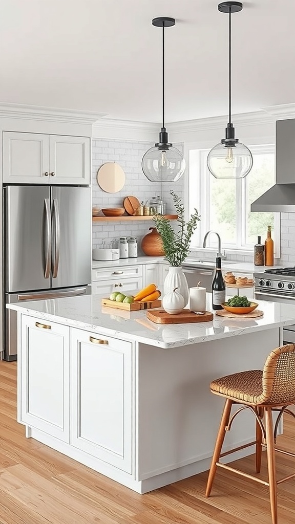 A modern kitchen island with seating, featuring a sleek countertop, bar stools, and stylish pendant lights.