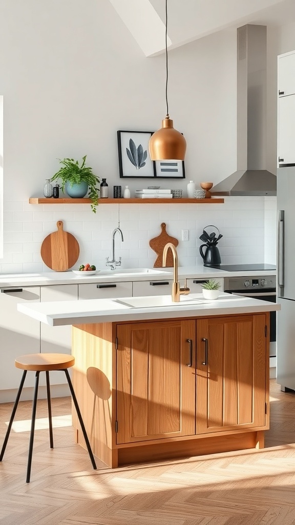A small kitchen island with a sink, featuring a modern design and warm wood tones.
