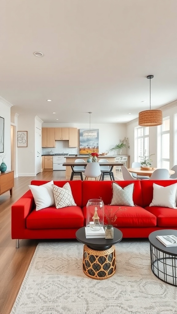 A bright open concept living room featuring a red couch, wooden floors, and a dining area in the background.