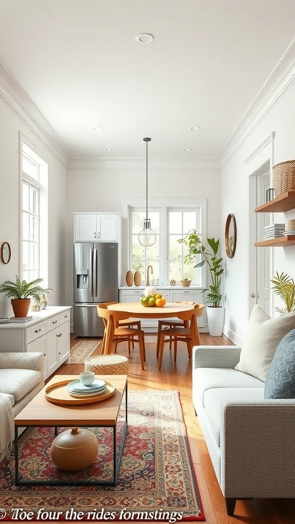 A modern galley kitchen with a central island and open layout, featuring bright interiors and a cozy dining area.
