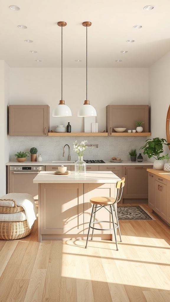 A small kitchen with a light-colored island, wooden accents, and modern lighting.