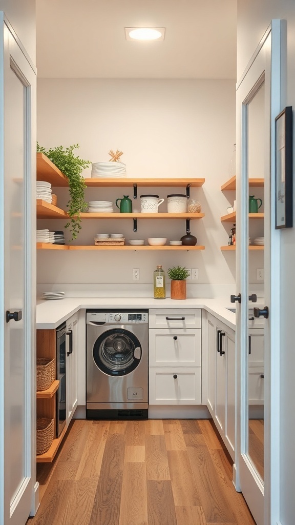 A small walk-in pantry with open shelving, a washing machine, and warm wood flooring.