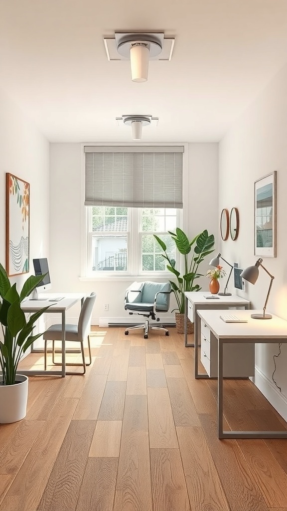 A bright and spacious small office with two desks, plants, and natural light.