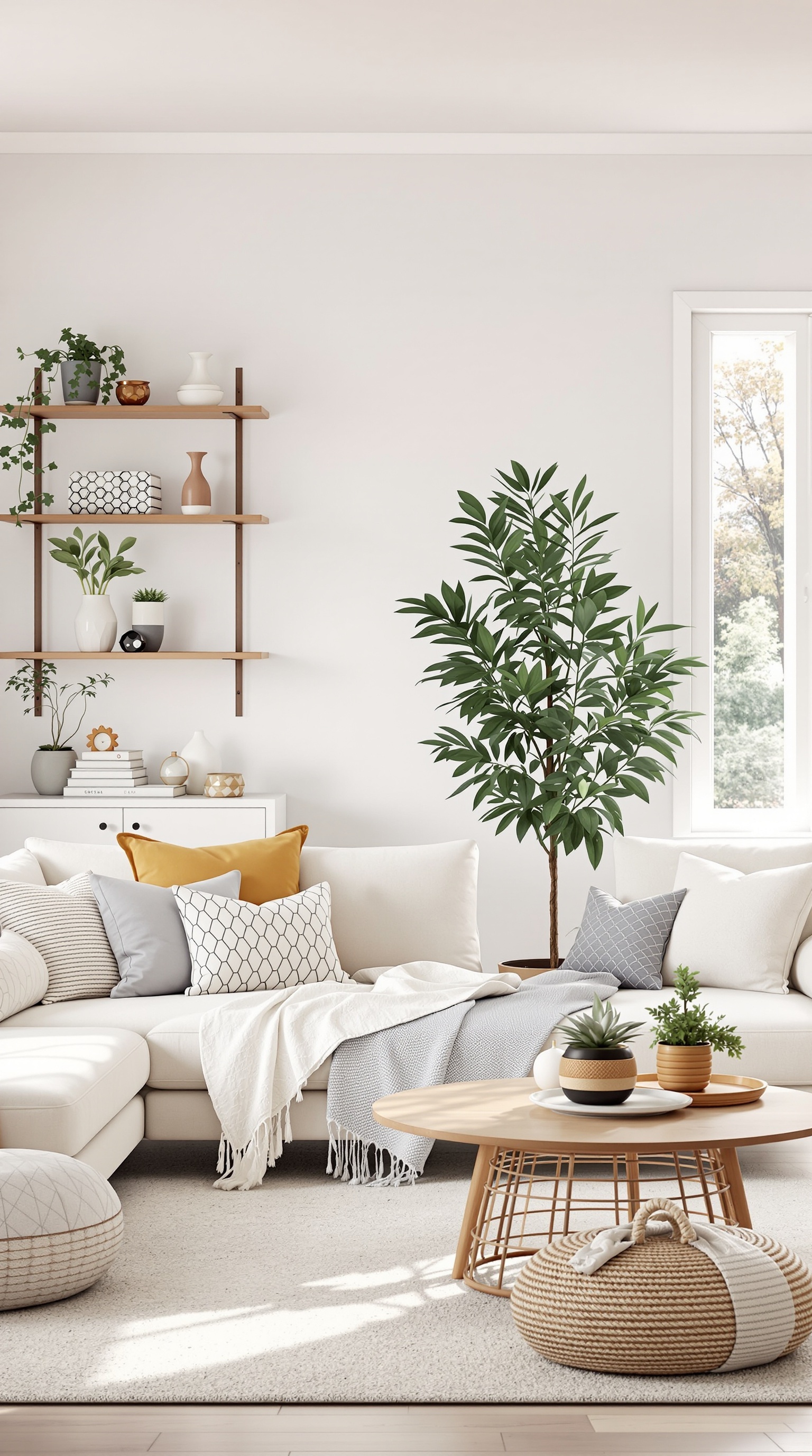 A cozy family room with a large sectional sofa, colorful pillows, a round coffee table, and plants.