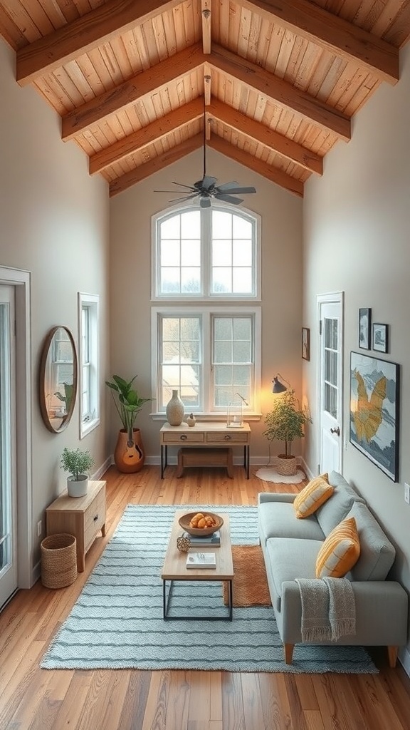 Cozy tiny house living room with high ceilings, large windows, and wooden accents.