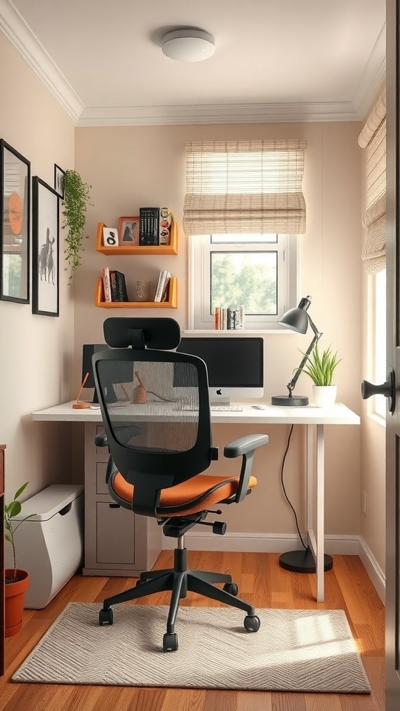 A cozy home office with an ergonomic chair, a clean desk, and natural light.
