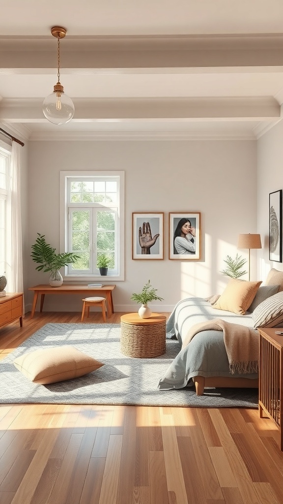 Cozy bedroom layout with a sofa, coffee table, and artwork on the walls