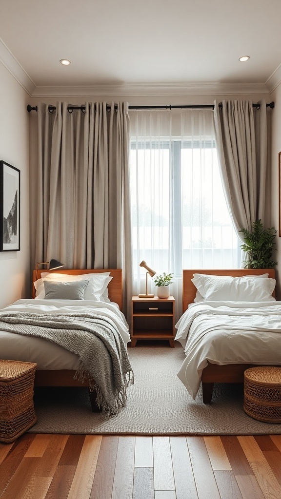 A small shared kids bedroom with two beds, soft bedding, and warm decor.
