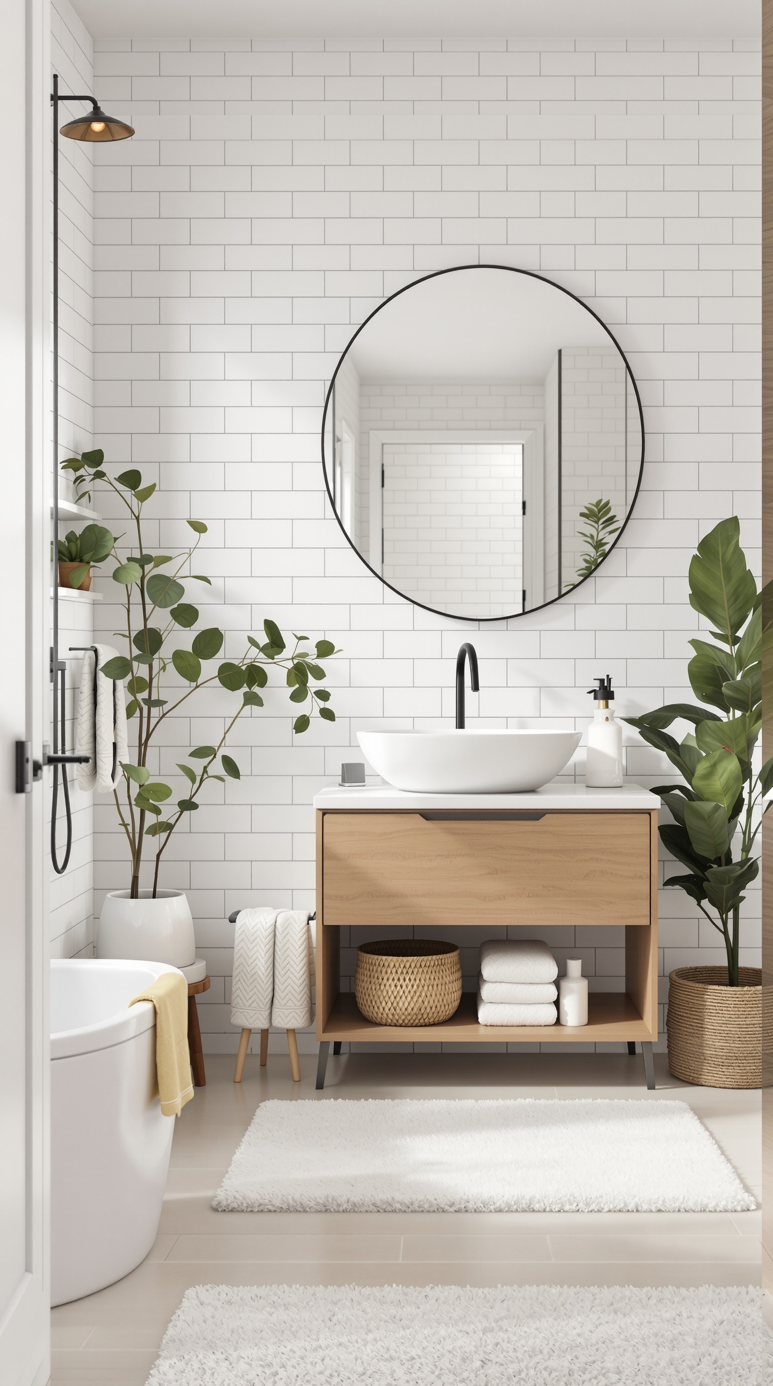 A modern family bathroom featuring white subway tiles, a floating wooden vanity, plants, and soft rugs.