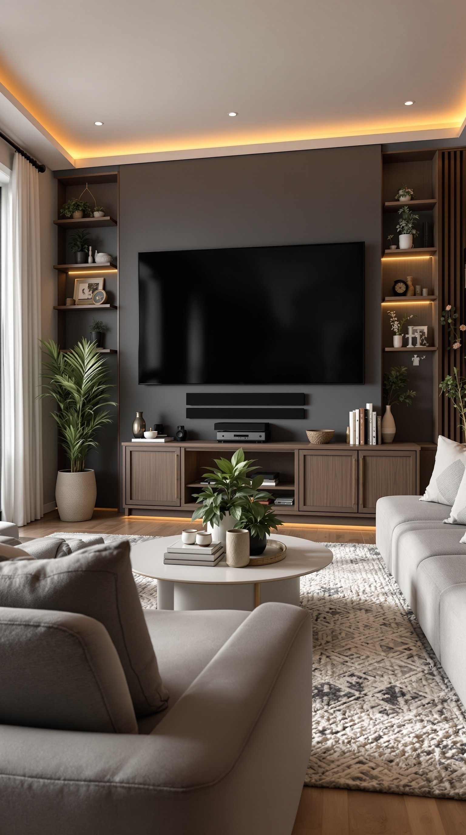 Modern family room with a large TV, cozy seating, and plants.