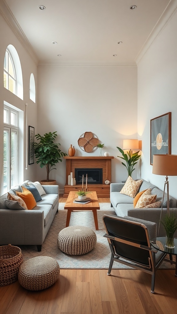 A narrow living room with two sofas facing each other, a coffee table in the center, and plants for a cozy atmosphere.