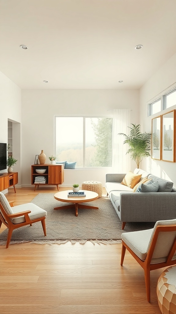 A cozy mid-century modern living room featuring a gray sofa, wooden furniture, and large windows with natural light.