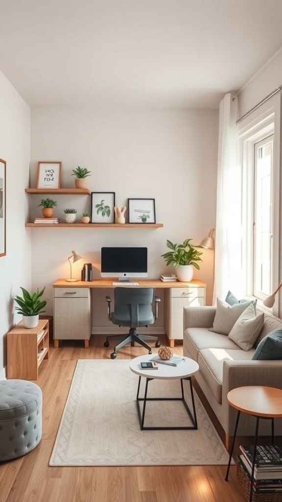A cozy tiny home office featuring a desk, computer, plants, and comfortable seating.