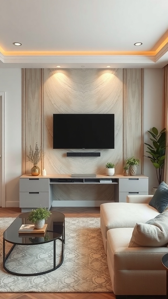 Stylish living room with a TV feature wall, modern furniture, and plants.