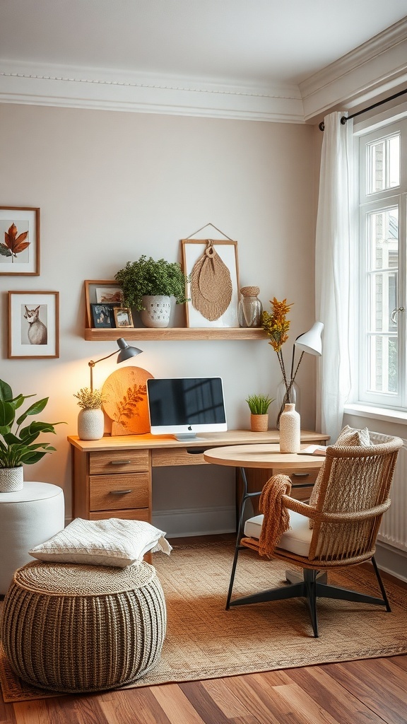 A cozy home office with a wooden desk, a comfortable chair, and decorative plants, showcasing a warm and inviting atmosphere.