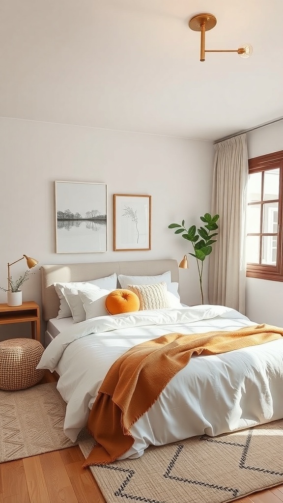 Cozy single bedroom with warm tones, featuring a bed with a throw blanket, decorative pillows, and a potted plant.