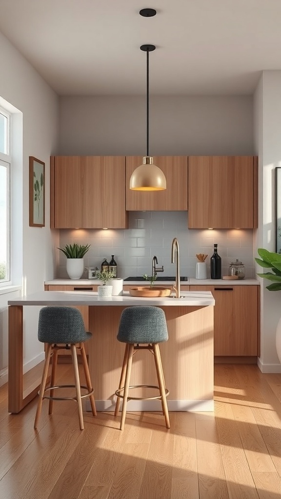 A compact kitchen island with seating, featuring light wood cabinetry and modern stools.