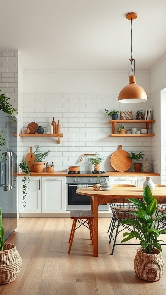 A modern kitchen featuring eco-friendly materials, with wooden accents, plants, and energy-efficient appliances.