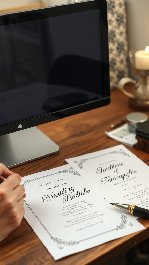 A person designing wedding stationery at a desk with a computer, featuring elegant invitation designs.
