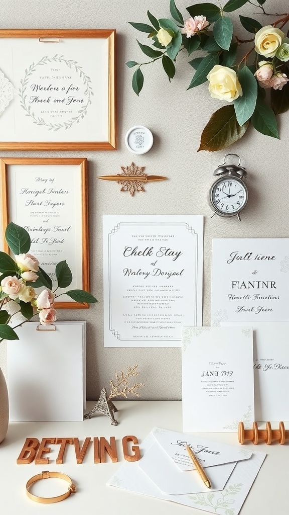 Stylish wedding invitation designs and stationery arranged aesthetically with flowers and decor elements.