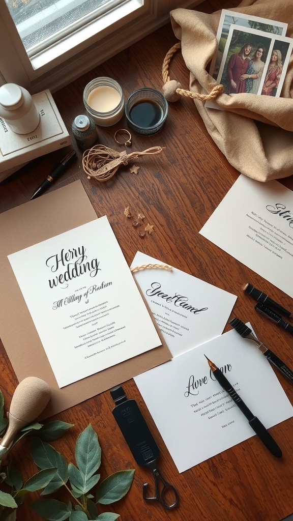 A beautifully arranged collection of wedding invitation designs, with stationery and decorative elements on a wooden surface.