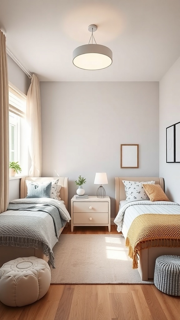 A small shared kids bedroom with two beds, a nightstand, and warm decor.
