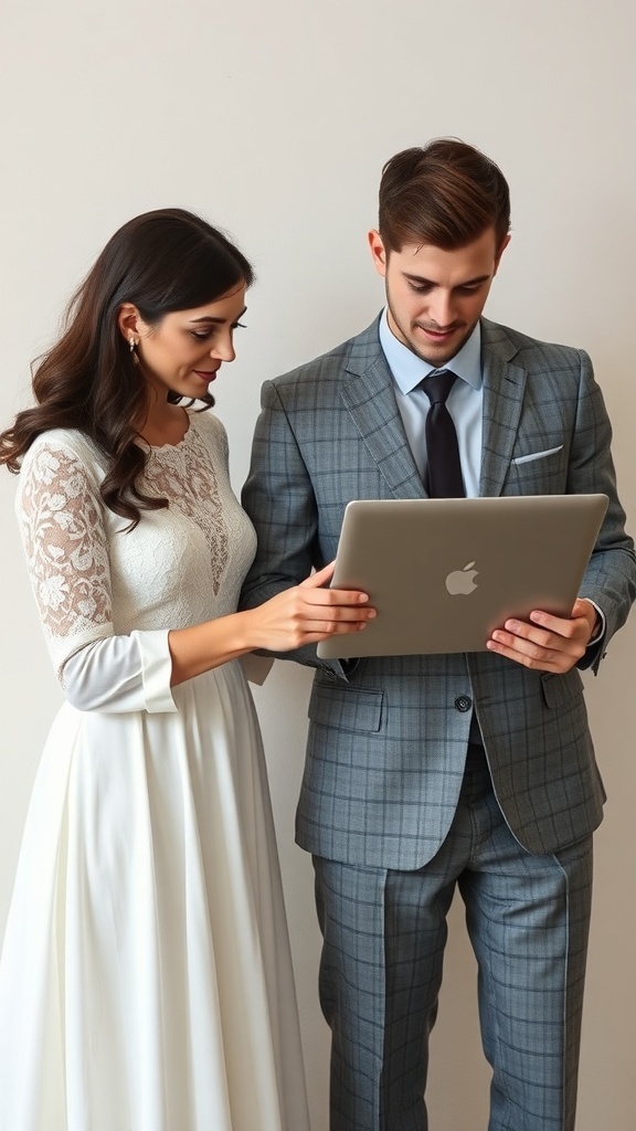 A couple planning their wedding guest list using a laptop.