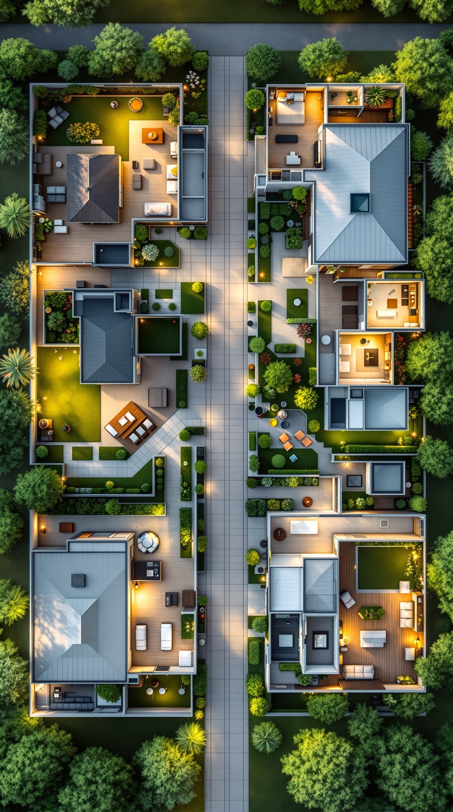Aerial view of a family compound layout with multiple houses, gardens, and pathways.