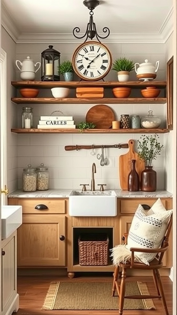 A cozy farmhouse-style butler's pantry with wooden shelves, a large clock, and a farmhouse sink.