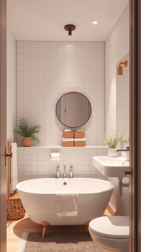 A small bathroom featuring a freestanding tub, round mirror, and modern fixtures.
